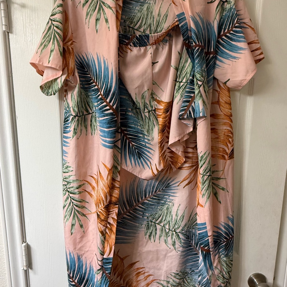 SHEIN Pink Tropical Palm-Print Kimono Cover-Up and shorts - Picture 2 of 2